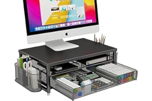 JMNBJM Monitor Stand Riser Metal, Office Desk riser with shelf Organizer, Office Organization ,Desk Organizer with Drawer and Pen Holder, 2-Tier Computer Stand, for iMac, PS4, PC, Printer, Notebook (Black)