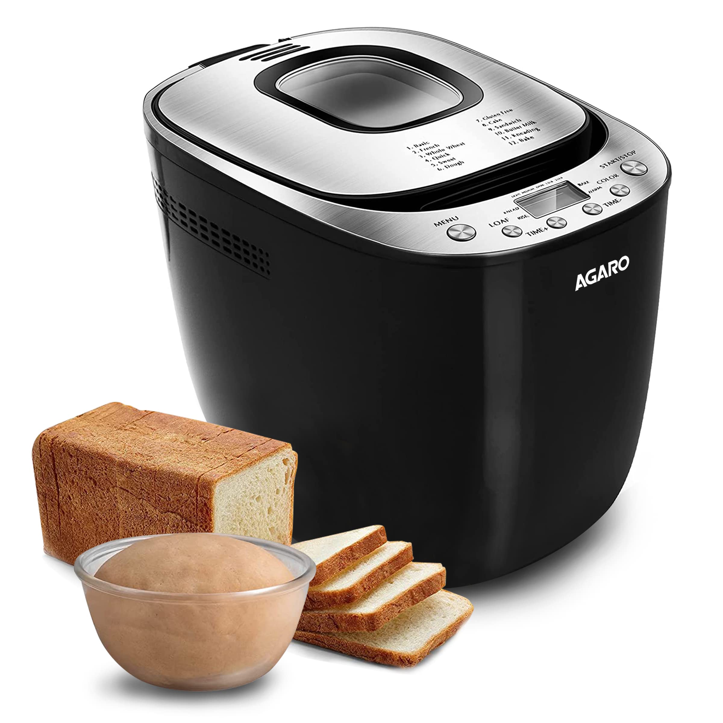 AGARO Fiesta Bread Maker, Atta, Dough Maker, Fully Automatic,12 Pre-Programmed Menus, 3 Crust Colours, 1 Hour Keep Warm Function, up to 900 Gms Bread Non Stick Pan Capacity, 550W, LCD Display, Black