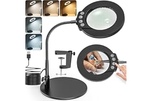 Jubor Loupe à Col de Cygne, 15X 10X Lampe Loupe de Bureau avec Pince et Base, LED Lampe de Bureau avec 5 Modes de Couleurs pour Lecture, Réparation, Artisanat