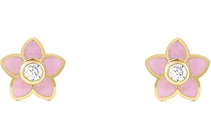 MONDE PETIT Boucles d'Oreilles Enfant fleur émail rose Or Jaune 9 Carats - Coffret cadeau - Certificat de garantie - Mondepetit