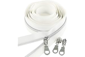 Leekayer #5 Silver Metallic Nylon Coil Zippers by The Yard Bulk 10 Yards White Tape with 25pcs Silver Sliders for DIY Sewing Tailor Craft Bag(Silver White)