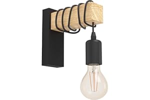 ‎EGLO EGLO Wandlampe Townshend, 1 flammige Vintage Wandleuchte im Industrial Design, Retro Lampe aus Stahl und Holz, Farbe: Schwarz, braun, Fassung: E27