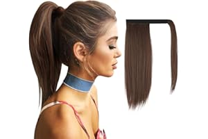 FESHFEN Straight Ponytail Extension Natural Long Ponytails Wrap Around Clip in Pony Tails Hair Piece Synthetic Hairpieces for Women Girls, Medium Brown & Light Auburn Mixed 14 inch