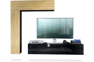 Vladon Pared Viva Taurito, Negro Mate/Roble Natural - Mueble Alto Moderno para su salón (320 x 182 x 39 cm)