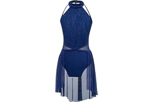 Freebily Vestido de Danza Patinaje Sobre Hielo para Niña Cuello Hálter con Pedrería Brillante Maillot con Falda Tul Ballet Gimnasia Vestido de Bailarina