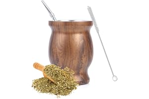 Yitobici Taza mate, juego de tazas de té mate, con pajita y cepillo de limpieza, diseño con aislamiento de doble pared, para té mate (vetas de madera).