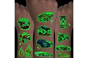 CHARLENT Tatuaggi Luminosi a Tema Auto da Corsa per Bambini - 24 Fogli di Tatuaggi Temporanei che Brillano al Buio per Feste di Compleanno