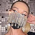 IYOU Glitter Crystal Face Coverings Black Shiny Rhinestone Tassel Face Masks Masquerade Reusable Sparkly Halloween Genie Costume Mask Jewelry for Women and Girls