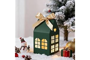GEBETTER 24pz Scatole Regalo Natale Casetta Cartone, Scatoline Natalizie Biscotti Cramelle Pensierini Calendario dell’avvento con Nastro (Verde)