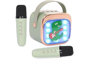 FORROBY Mini Karaoke Machine Toys for Kids with 2 Wireless Microphones,Portable Bluetooth Speaker with Voice Changing Effects & LED Lights,Eliminate Original Sound,Gifts For Girls Boys Toddlers,Green