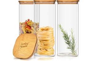 bambuswald© Set di 3 Barattoli in Vetro Borosilicato Rinforzato con Coperchio Ermetico 100% Legno di Bambù, Salva Aroma, Quadrati, 1500 ml