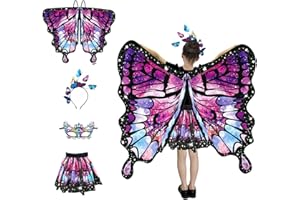HAGOT Mariposa Capa Niña, Disfraz de Alas de Mariposa para Niña, con Diadema, Pegatinas, Alas de Mariposa, para Disfraces de Halloween, Carnaval Fiesta-C