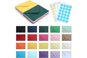 Strehknewen Pack of 60 Colourful Envelopes, C6, Kraft Paper Envelopes, 20 Colours, with 72 Colourful Stickers for Gift Cards, Weddings, Christmas and DIY (162 x 114 mm)