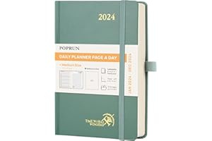 ‎POPRUN POPRUN Kalender 2024 Tagesplaner 21,5 x 14,5 cm, Tageskalender 1 Tag 1 Seite (Montag - Sonntag), 12-Monate-Terminplaner (Jan.2024-Dez.2024) mit Hardcover, Stiftschlaufe - Mitternachtsgrün