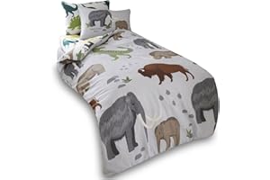 VELVETIO Easy Care Single Kids Duvet Cover Set with Pillowcase, Boys & Girls Zoo Animal Bedding Bedset, Soft Reversible Elephant Printed Comforter Quilt, Grey