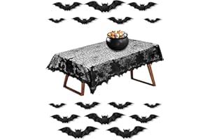 HALIYA Halloween Tischdecke, Halloween Tischdeko, 134x173cm, Tischdecke Spitze Schwarz, Horror Spinnennetz Tischtuch mit Spukhaus Schloss Dekoration Party Deko mit 16 Stück 3D Fledermaus Wandaufkleber
