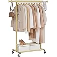 SONGMICS Clothes Rack on Wheels, Heavy Duty Clothes Rail, 45 x (92-132) x 161.5 cm, with Extendable Hanging Rail, 100 kg Load Capacity, Easy Assembly, Portable, Pale Gold HSR013A01