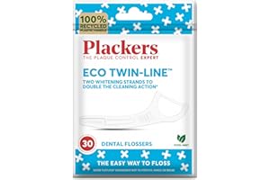 Plackers Eco Twin Line Flossers, Dental flossers, Double Cleaning Action, Two Floss Threads, The Easy Way to Floss, Folding-Out Toothpick, Recycled Plastic Handle