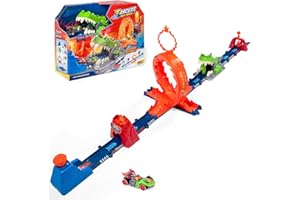 T-Racers Mix ‘N Race Volcanosaurus Pista para Coches de Juguete, Contiene 1 Disparador, 3 Pistas, 1 Coche Exclusivo Nitro Rex y 4 Acrobacias