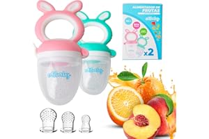 Edibaby, Chupete Fruta Bebe, Alimentador Antiahogo Bebe, Mordedores Bebe, 2 Chupetes + 4 Tetinas Pacifiers de Silicona sin BPA, Juguete Para Niños Dentición (Rosa y verde)