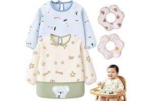 Haklapp för amning med långa ärmar & BLW, 2 st babyhaklappar med ärmar och babyhaklappar blomformade, vattentät och lätt att