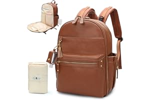MISS FONG Changing Bag Baby Changing Bags, Nappy Changing Bags with Refillable Bottle Keychain, Pram Clips and Changing Mat,Leather Changing Bag Baby Backpack Bag Baby Bag For Mum-Brown