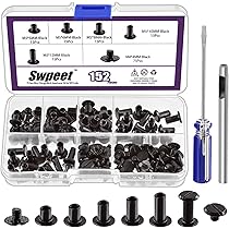 Swpeet 152 stuks M5 x 5 mm, 6 mm, 8 mm, 10 mm, 12 mm, zwarte schroeven, lederen klinknagels, gesorteerd met gatenponsen en schroevendraaier, ronde platte kop, stud-schroef voor doe-het-zelf leren