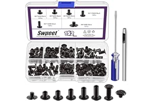 Swpeet 152 viti nere M5 x 5 mm, 6 mm, 8 mm, 10 mm, 12 mm, rivetti in pelle assortiti, con perforatore e cacciavite, viti a testa piatta per fai da te in pelle e rilegatura di libri