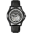 Caravelle by Bulova Men's Dress 4 Hand Automatic Black Stainless Steel Case Watch, Black Leather Strap, Heartbeat Skeleton,24 Hour Time, Gold Dial, Style: 45A153