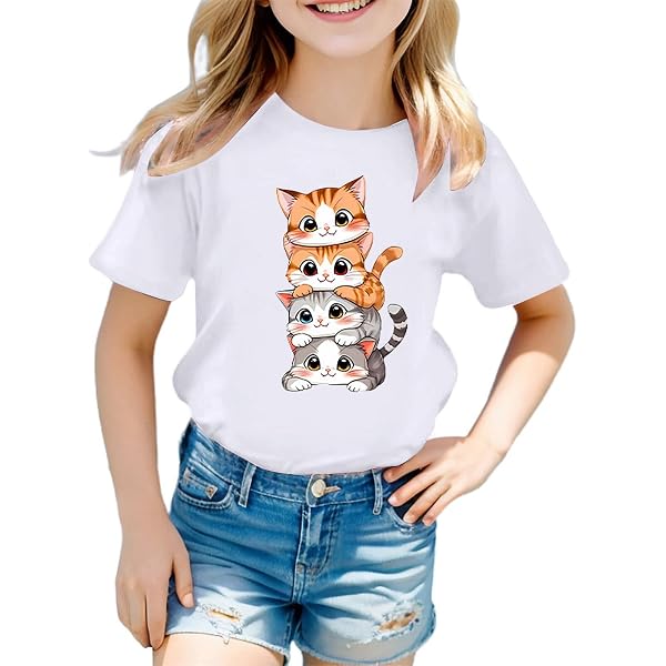 T-shirt Fille 2025 – Manches Courtes, Col Rond, Motif Mignon, Idéal Pour L'été Ou L'école