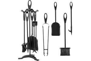 AMAGABELI GARDEN & HOME Amagabeli 25.2”(64cm) 5-tlg.Kaminbesteck Sets Schmiedeeisen und Innenausstattung Kaminzubehör Holzhalter Kaminständer Feuerzange Schaufel Antikbürste Schornsteinschürhaken Holzofen (Schwarz)