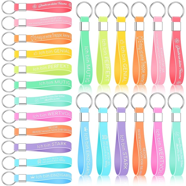 GOTRUST 36 stuks inspirerende sleutelhangers, siliconen, sleutelhanger, positieve spreuken in het Duits, motiverende armbanden, rubber, aanmoediging