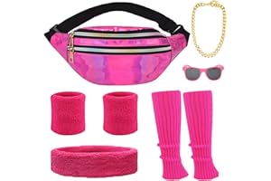 ATOWORLD Deguisement Annee 80 Femme Homme Accessoire Fluo Sac Banane Bandeau Cheveux Femme Bracelet Jambiere Annees 80 90 Deguisement Disco Femme Homme Enfant Déguisement Année 80 Accessoires Sportif (rose)