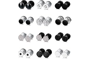 JeweBella 12 par falska pluggar örhängen män rostfritt stål silver svarta stiftörhängen set falska tunnel örhängen set rund skruv skivörhängen falska örhängen för män kvinnor 8 mm