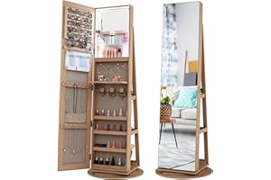 Multigot 3-Color LED Lights Jewellery Cabinet, 3-in-1 360° Swivel Jewelry Armoire with Full-Length Mirror, Lockable Cosmetic Storage Organizer for Dressing Room Living Room Bedroom (Nature)