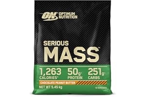 Optimum Nutrition Serious Mass Poudre de Protéine Gain de Masse Hautement Calorique avec 25 Vitamines et Minéraux, Créatine Monohydrate, Glutamine, Chocolat et Beurre de Cacahuète, 16 Portions, 5,45kg