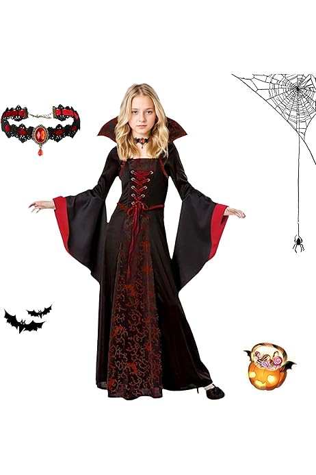 Costume Vampire Fille Enfant 5-12 Ans - Robe Longue Gothique Avec Masque Et Collier | Déguisement Halloween