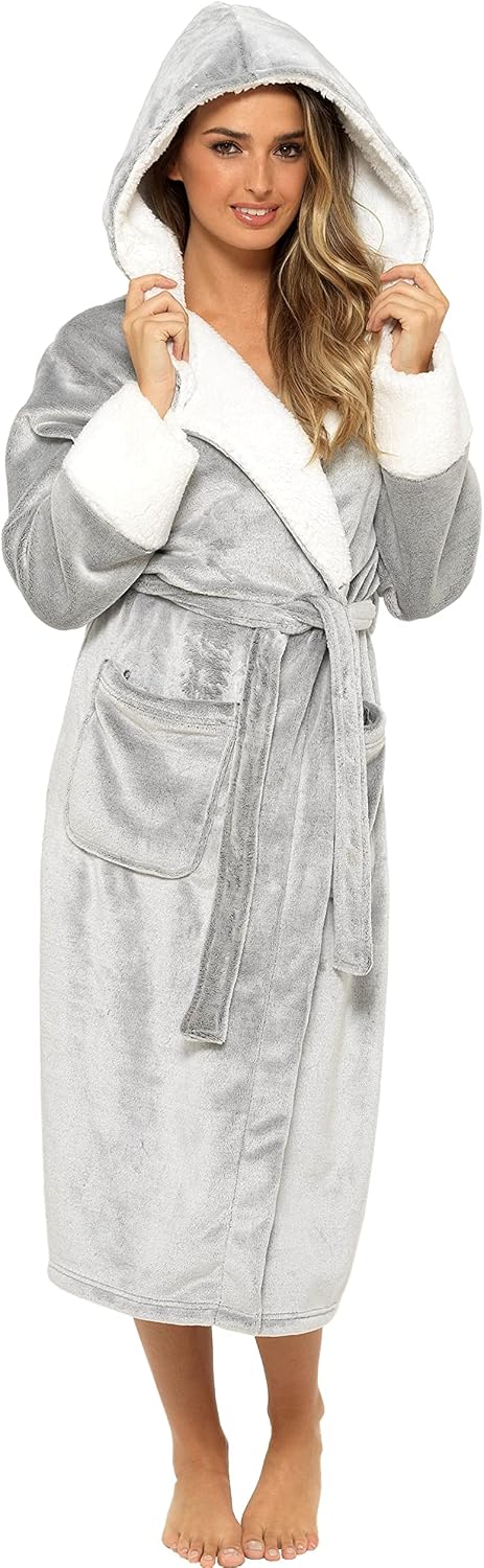 KATE MORGAN Ladies Dressing Gown Fluffy Super Soft Hooded Bathrobe for Women Plush Fleece Perfect Loungewear Long Robe | Gifts for Women