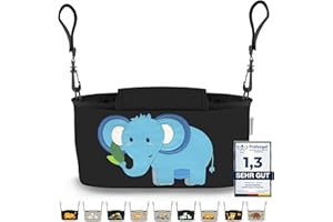 GRINSEZWERGE Kinderwagen Organizer 12 Motive mit Feuchttuchspender I Kinderwagen Tasche Schultergurt I Kinder Buggy Organizer I Kinderwagentasche Aufbewahrungstasche Baby Stroller Bag schwarz Elefant
