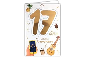 AFIE 69-2017 - Tarjeta feliz cumpleaños de 17 años para niño o niña joven hombre y mujer – Auriculares musicales, disco de vinilo búhos, búhos y libros