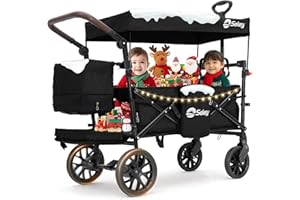 ‎SEKEY Sekey Bollerwagen Faltbar mit Dach, Kinder Bollerwagen mit XXL PU-Rädern (Ø 24/20 cm) für 1–2 Kinder, Federung & Kugellager, gepolstert & komfortabel, Schiebe- und Ziehgriff, SS8080, Schwarz