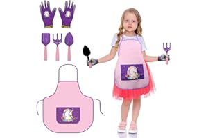 DKINY 5 Outils Jardinage Enfants Licorne Outillage Bêche Pelle Râteau Tablier Gants de Jardin pour Jeux Jouet Extérieur dans Jardin Sable Plage 3 4 5 6 7 8 Ans Fille