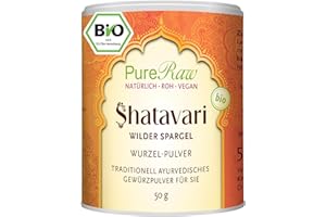 ‎PURERAW Shatavari Pulver Bio (Vegan Ayurvedisch Rohkost) - Asparagus racemosus - Ayurveda Wurzelpulver ohne Zusatzstoffe - Abgefüllt & Kontrolliert in Deutschland - Indischer Spargel | PureRaw 50g