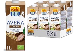 ISOLA BIO - Pack de 6 Unidades de 1 L de Bebida Ecológica Vegetal de Avena con Cacao - Sin Azúcares Añadidos y Sin Lactosa - Apto para Veganos - Ideal para Tomar Sola, con Café o en Batidos