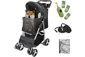 ANMAS BOX Folding Pet Stroller, Travel Pet Stroller with Storage Basket,Rain Cover and Cup Holder,4 Lockable Wheels Dog Cat Pushchair for Small Medium Pets .(Black)