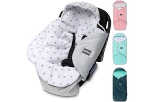 ‎BELLOCHI GROWING IN STYLE Premium Einschlagdecke Babyschale, Baby Erstausstattung aus Baumwolle für Autositz, Kuscheldecke für Kinderwagen mit Fußsack passend für Maxi-Cosi, Römer, Cybex – Graue Sterne