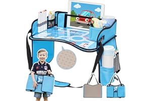 OUOZZZ Plateau de Voyage Enfant Voiture - Tablette Voiture Enfant Pliable avec Tableau Effaçable et Poches de Rangement, Idéal pour Jouer, Dessiner et Manger en Voyage