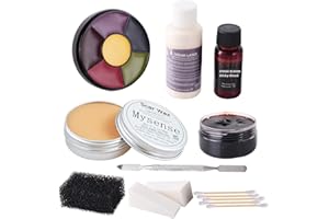 Mysense Liquid Latex Scar Wax SFX Makeup Kit for Fake Scars Wounds Burns With 6 Color Bruise Wheel Face Body Paint Stage Blood Coagulated Blood Gel and Spatula Sponges Q-tips