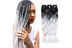 SILK-CO 3 Piezas Extensiones de Pelo Sintético para Trenzas Africanas Braiding Hair Cabello Se Ve Natural Braiding Twist Crochet Hair #Negro-Blanco (60cm,300g)
