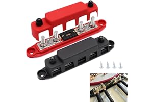 AULESSE 300A Bloques de Distribución de Barra Colectora 12V-48V DC Bloque de Conexiones de Batería con Fusible, 4 x M8 BusBar Terminal de Pernos para Coches, RV, Barcos(Rojo+Negro, 2 piezas)